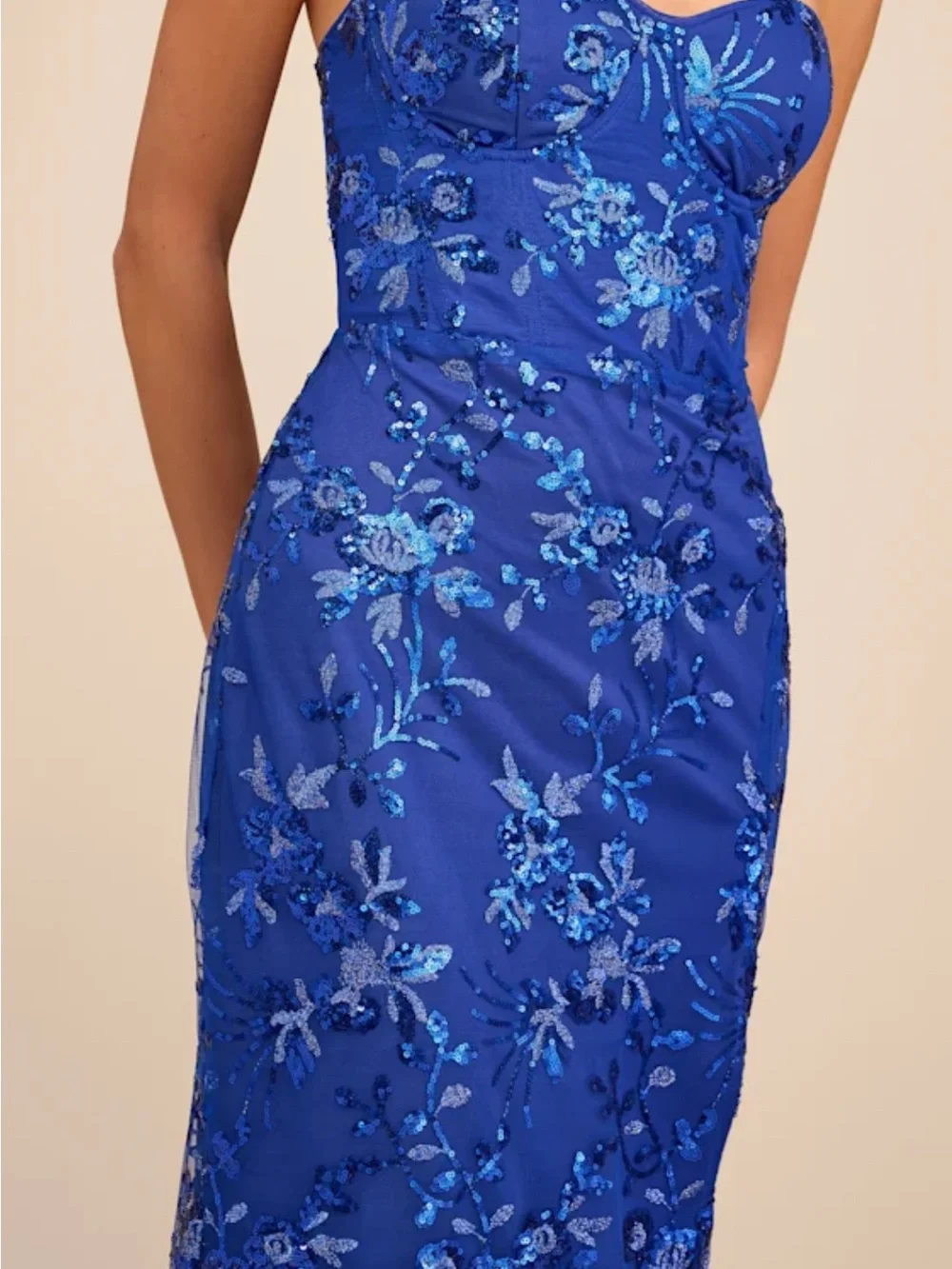 Lulu's Royal Blue Strapless Sequin Floral Gown